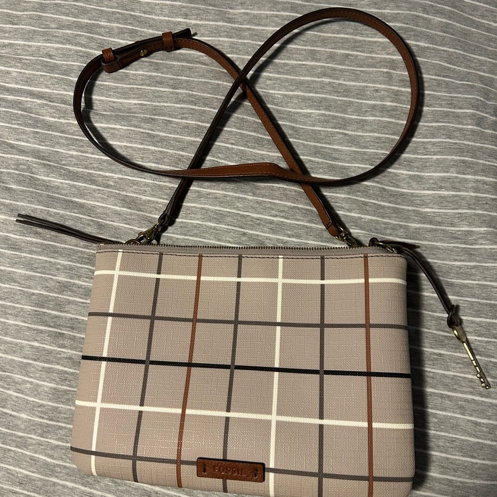 Fossil Beige and Brown Plaid Crossbody Bag